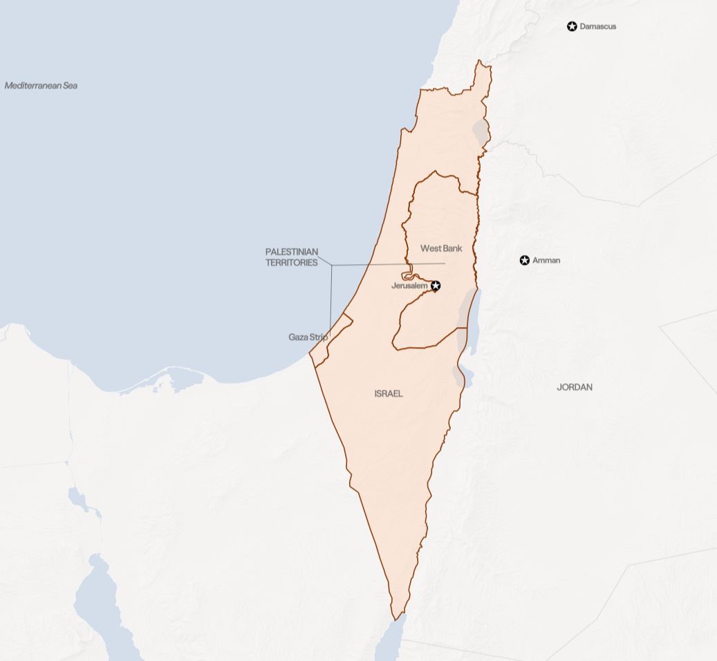 Mapa Izraele, Pásma Gazy a Západního břehu s vyznačeným Jeruzalémem