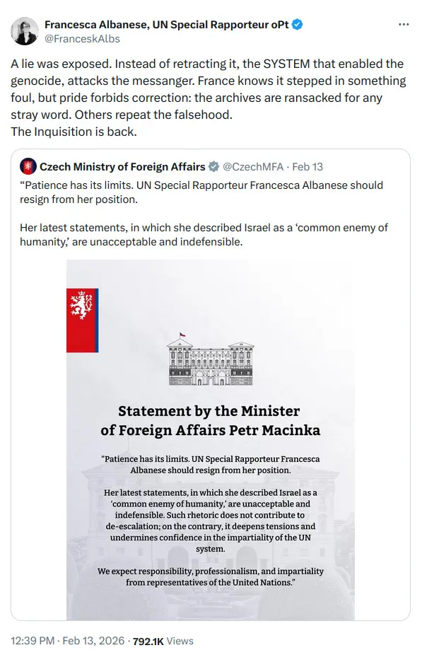 Příspěvek českého ministra zahraničí Petra Macinky na X