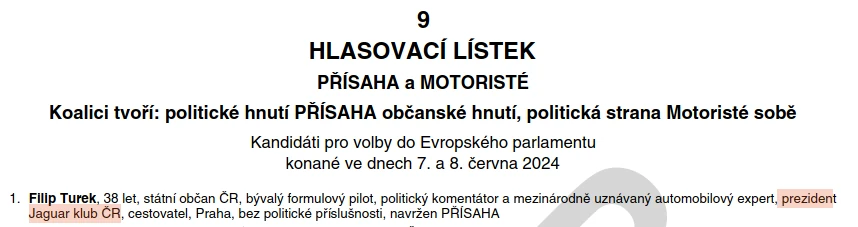 Turkův vlastní popis na volebním lístku do Europarlamentu zahrnoval “prezident Jaguar klub ČR”. Zdroj: MVČR
