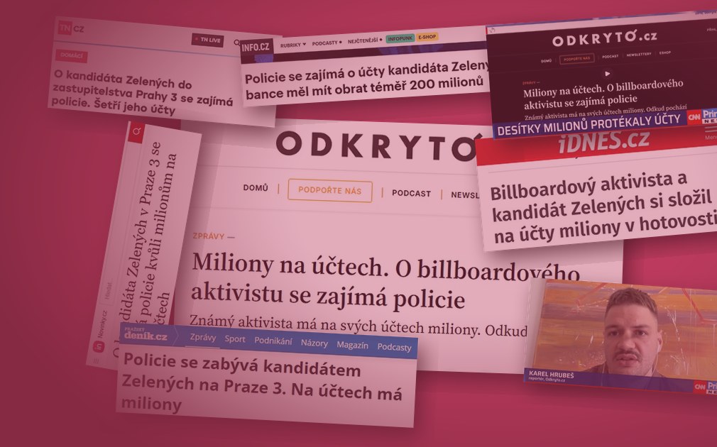 Koláž titulků Odkryto.cz, Info.cz, Novinek, iDNES, Pražského deníku, TN.cz a CNN Prima News o policejním zájmu o účty Zdeňka Jahna